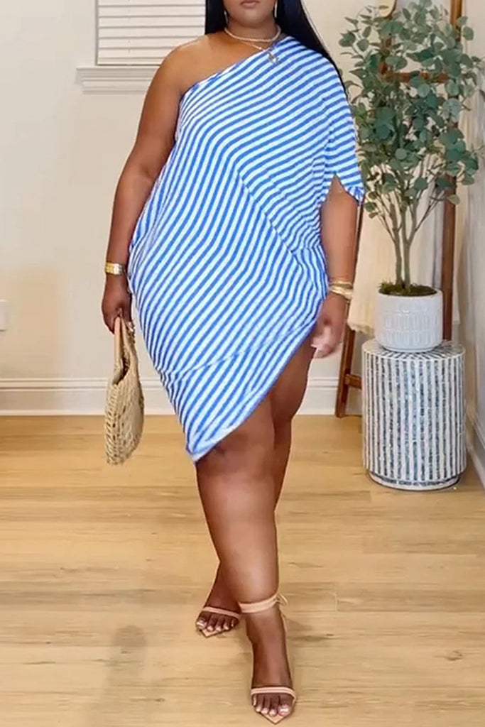 Sexy Casual Daily Striped Print Backless Slit Oblique Collar Irregular Dresses