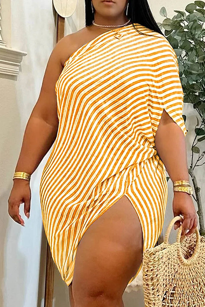 Sexy Casual Daily Striped Print Backless Slit Oblique Collar Irregular Dresses