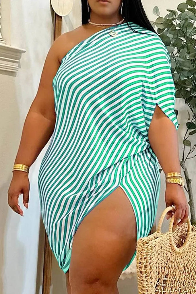 Sexy Casual Daily Striped Print Backless Slit Oblique Collar Irregular Dresses