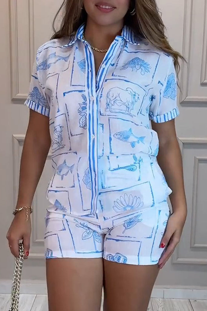 Casual Daily Print Buttons Patchwork Shirt Collar Short Sleeve Two Pieces