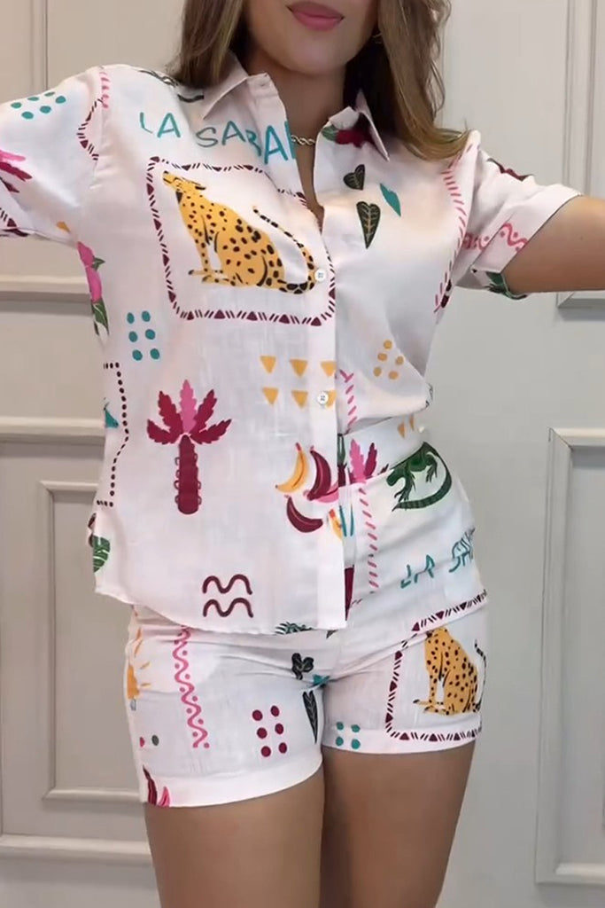 Casual Daily Print Buttons Patchwork Shirt Collar Short Sleeve Two Pieces