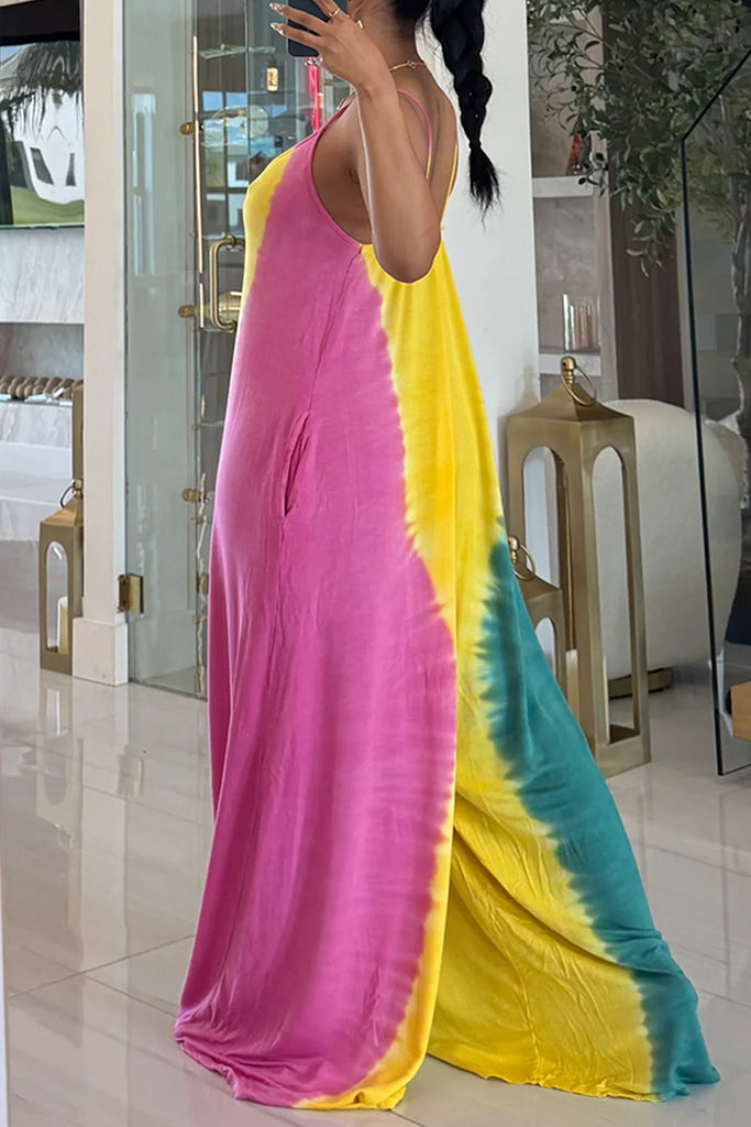 Sexy Casual Tie Dye Backless Spaghetti Strap Regular Jumpsuits