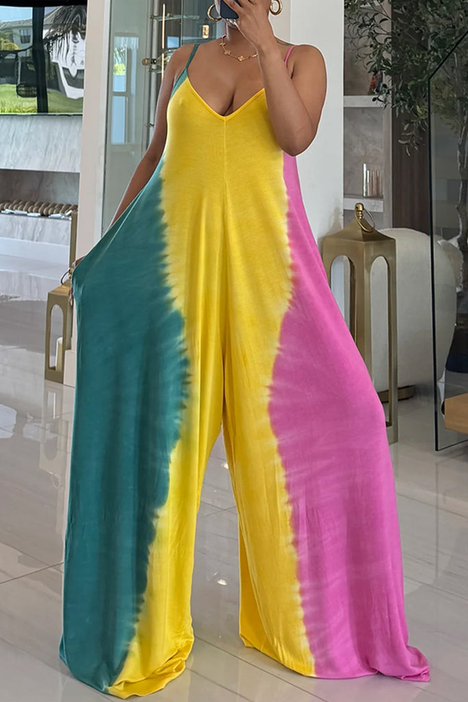 Sexy Casual Tie Dye Backless Spaghetti Strap Regular Jumpsuits
