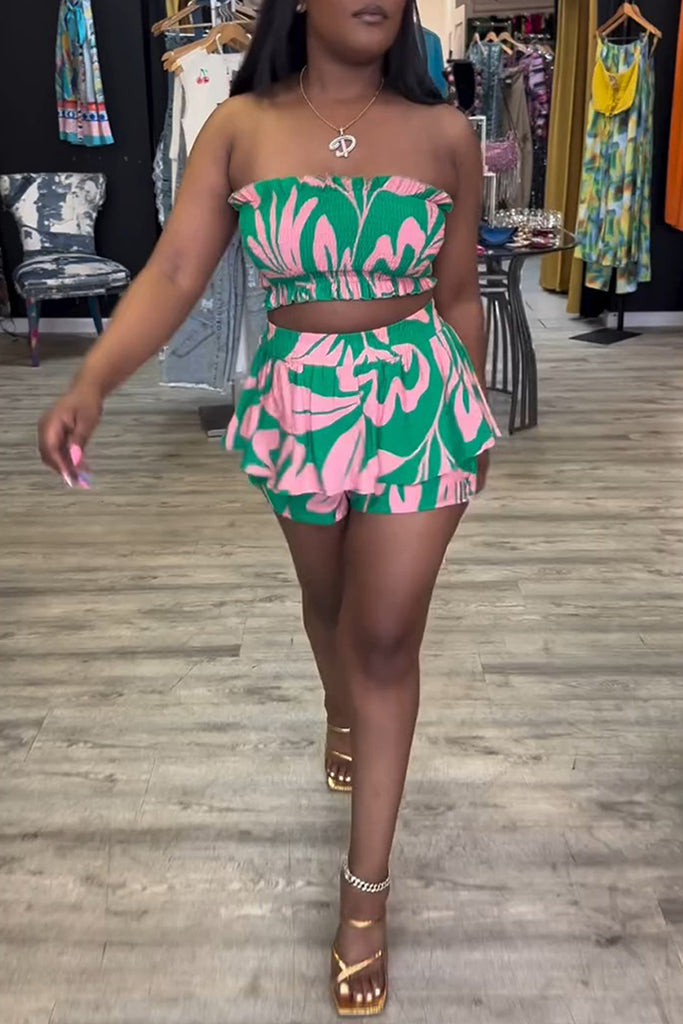 Sexy Casual Daily Print Backless Strapless Sleeveless Two Pieces