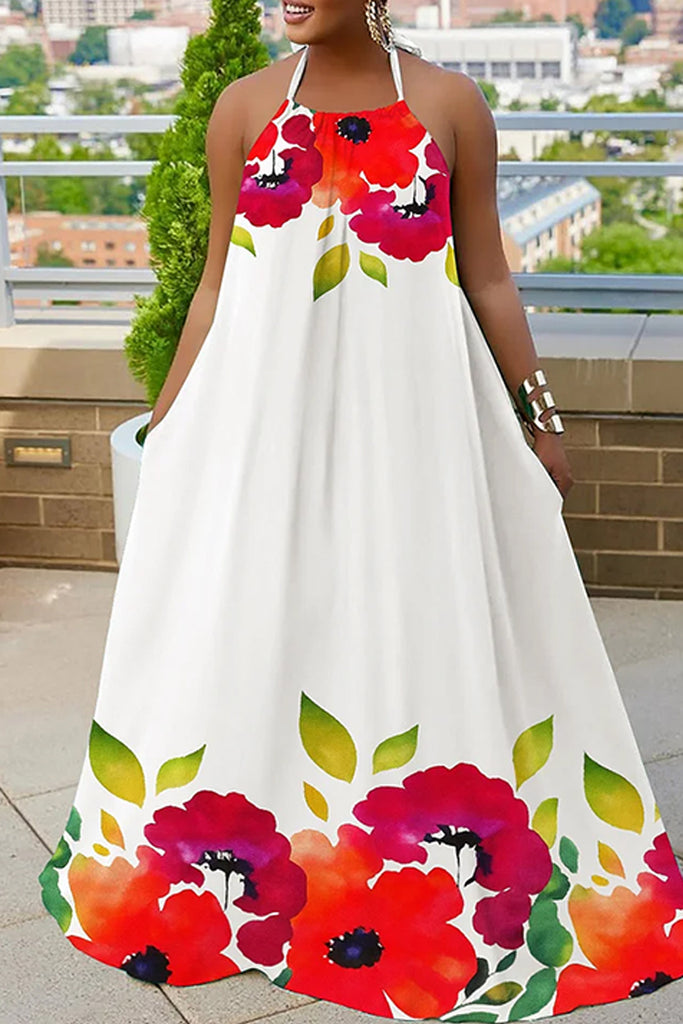 Sexy Casual Daily Vacation Floral Print Backless Belted Halter Long Dresses