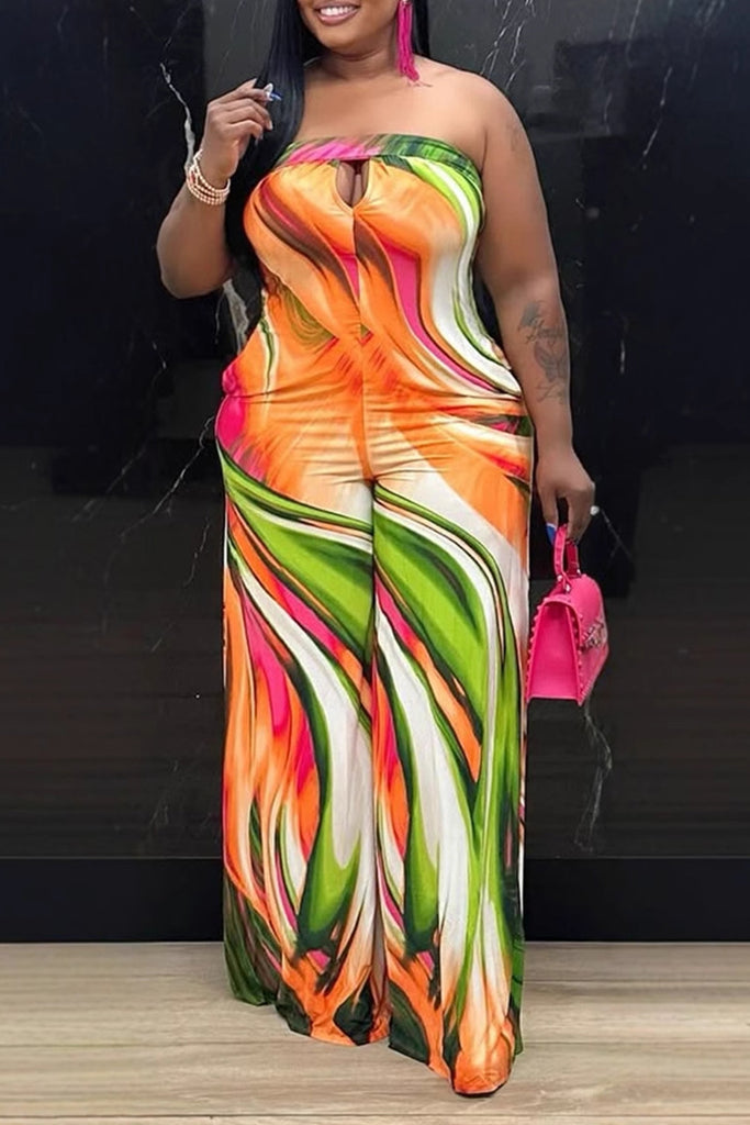 Sexy Casual Daily Print Hollow Out Backless Strapless Regular Jumpsuits