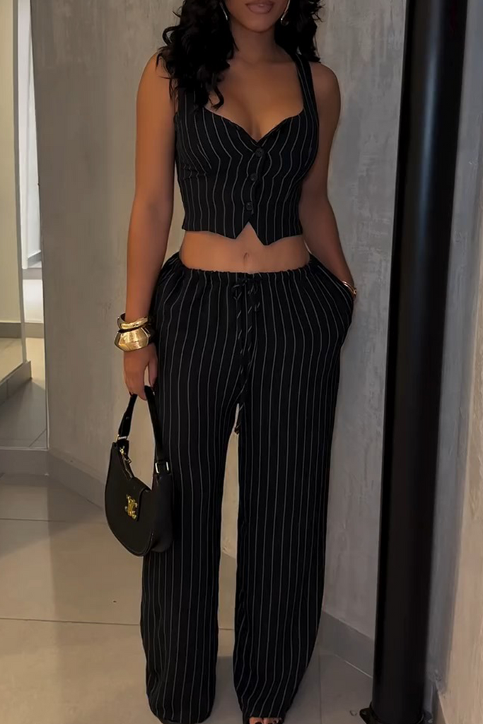 Casual Daily Striped Print Buttons Spaghetti Strap Sleeveless Two Pieces