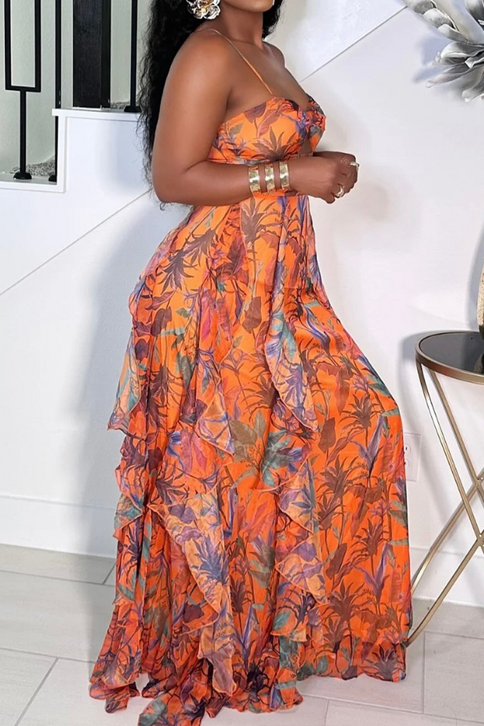 Sexy Plants Print Hollow Out Backless Spaghetti Strap Long Dresses