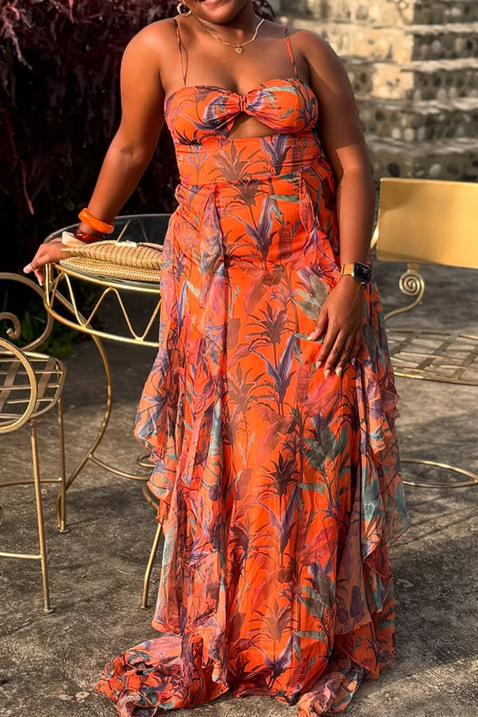 Sexy Plants Print Hollow Out Backless Spaghetti Strap Long Dresses