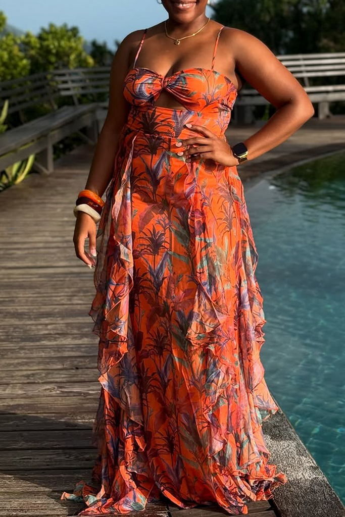 Sexy Plants Print Hollow Out Backless Spaghetti Strap Long Dresses