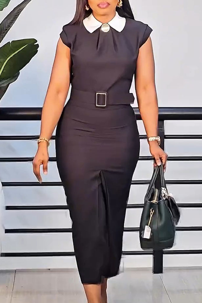Casual Daily Solid Color Patchwork Slit With Belt Turndown Collar Wrapped Skirt Dresses
