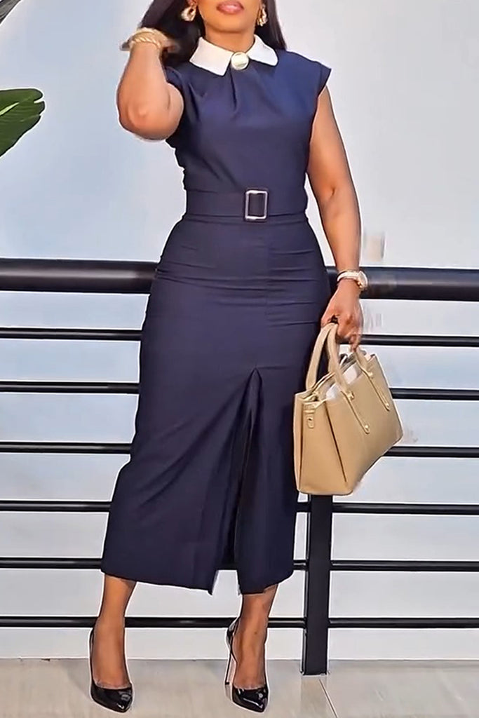 Casual Daily Solid Color Patchwork Slit With Belt Turndown Collar Wrapped Skirt Dresses