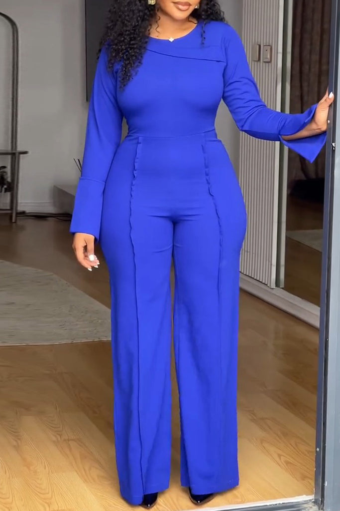 Casual Daily Solid Color Slit O Neck Regular Jumpsuits