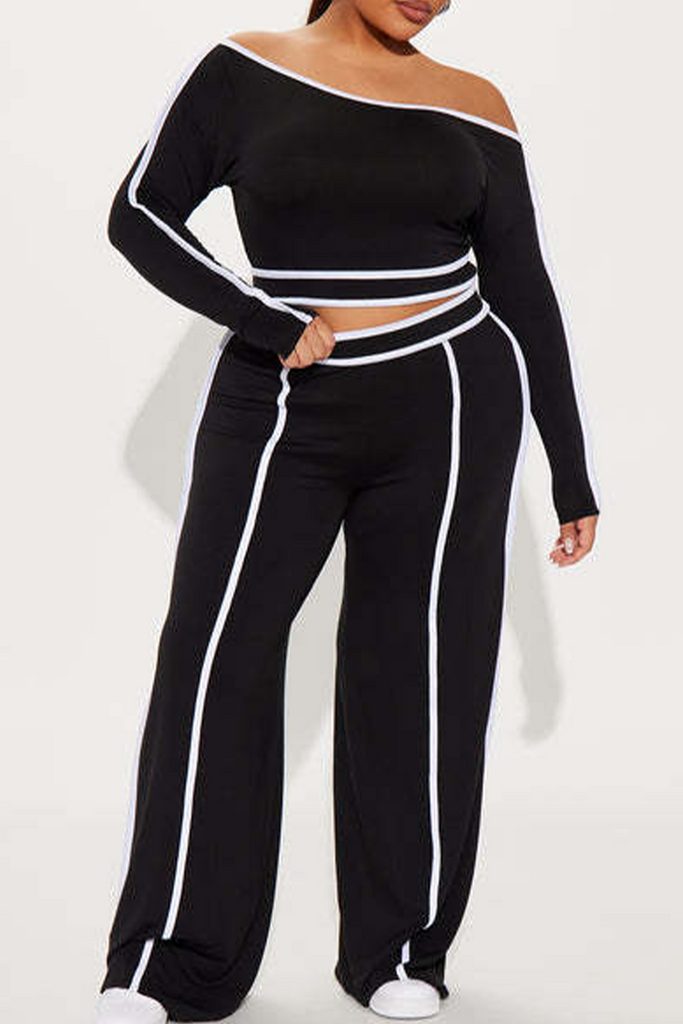 Casual Daily Solid Color Patchwork Off Shoulder Long Sleeve Two Pieces