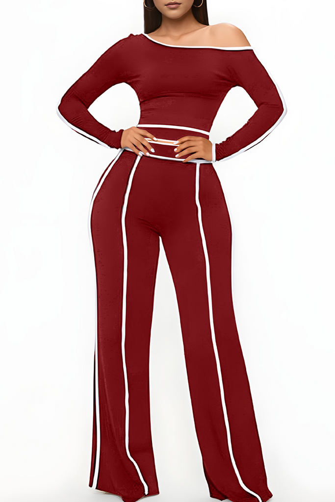 Casual Daily Solid Color Patchwork Off Shoulder Long Sleeve Two Pieces