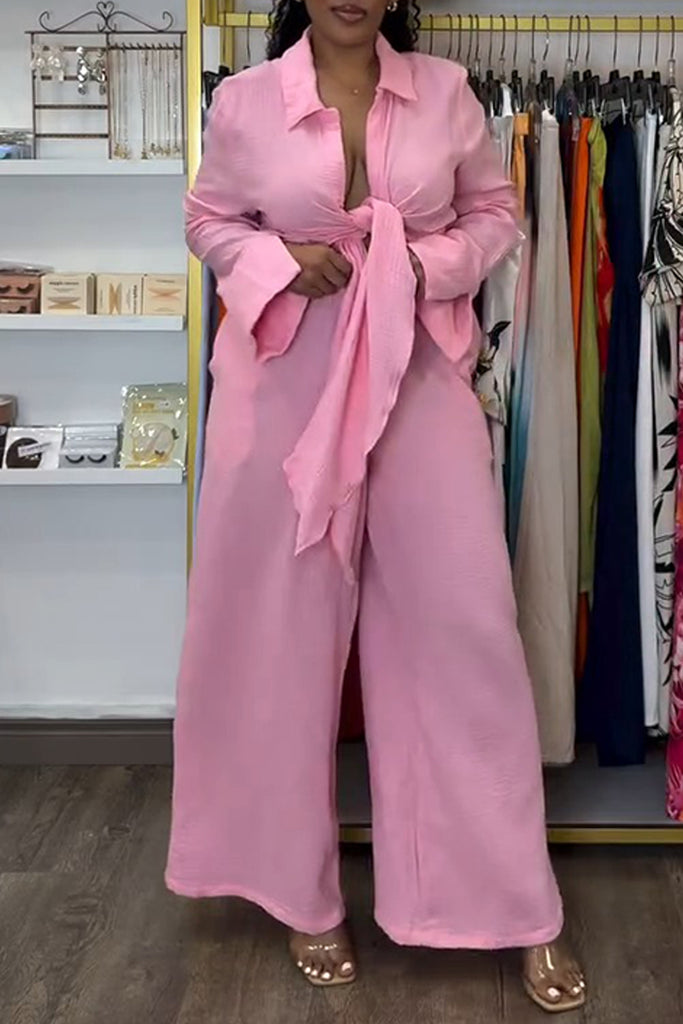 Casual Daily Solid Color Belted Turndown Collar Long Sleeve Two Pieces