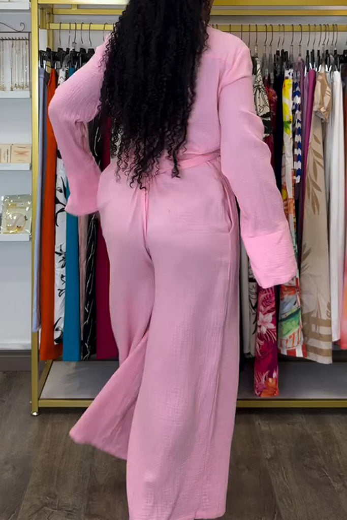Casual Daily Solid Color Belted Turndown Collar Long Sleeve Two Pieces