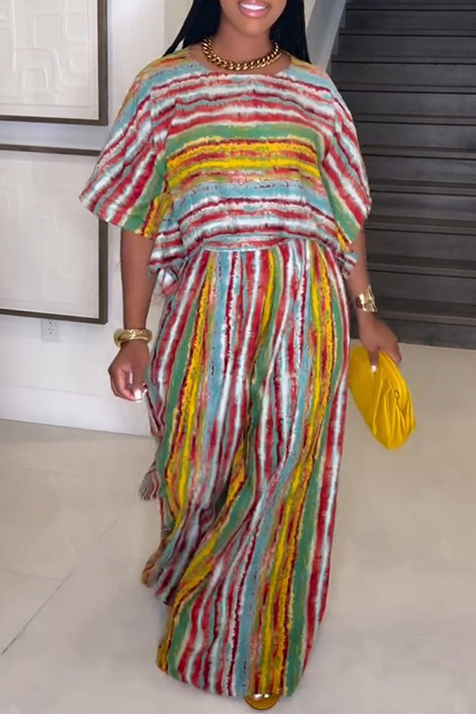 Casual Daily Striped Print Basic O Neck Half Sleeve Two Pieces