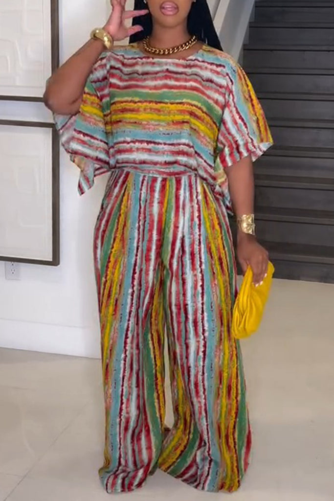 Casual Daily Striped Print Basic O Neck Half Sleeve Two Pieces
