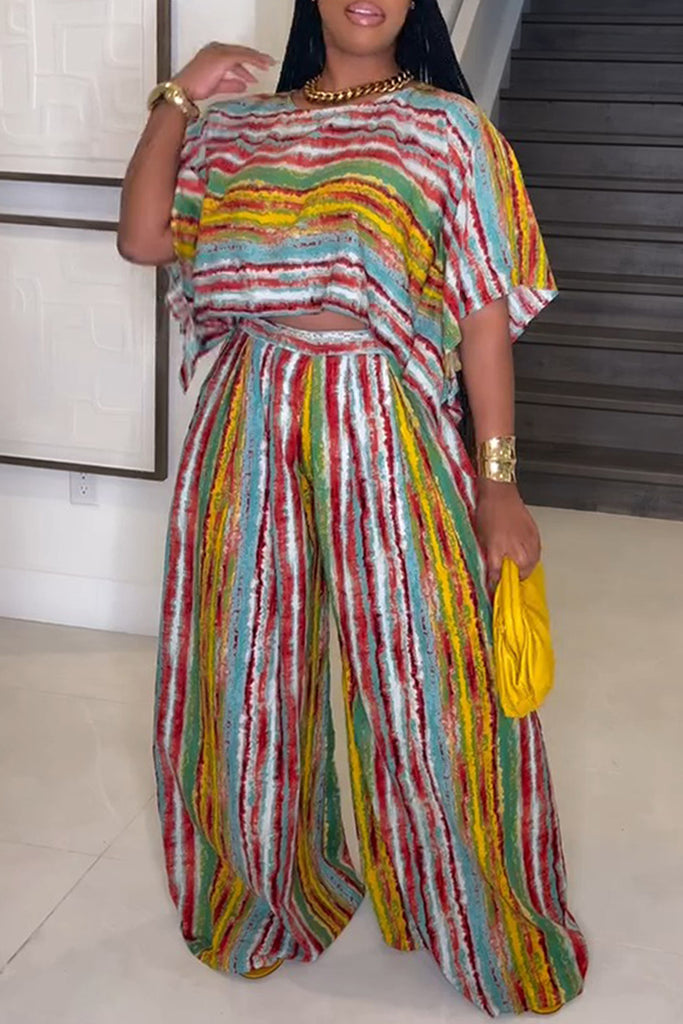 Casual Daily Striped Print Basic O Neck Half Sleeve Two Pieces