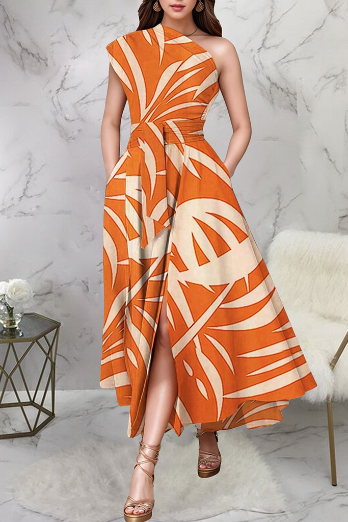 Casual Print Pocket Oblique Collar Long Dresses