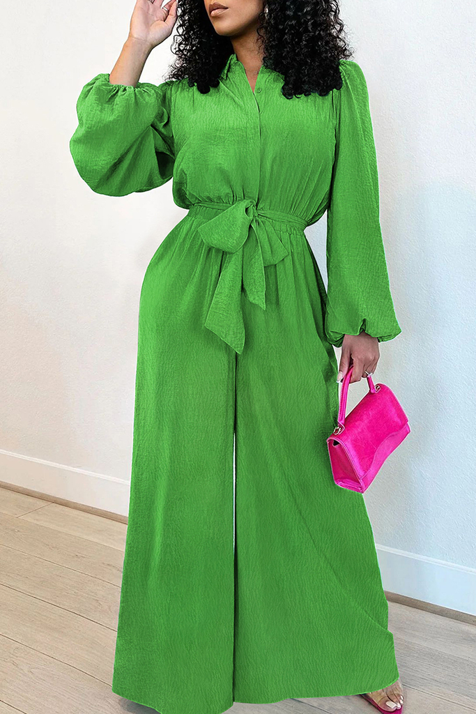 Casual Solid Color Buckle Strap Design Turndown Collar Loose Jumpsuits