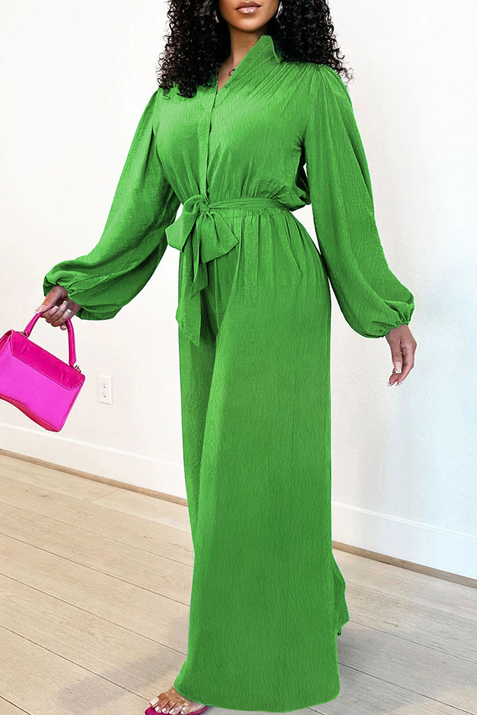 Casual Solid Color Buckle Strap Design Turndown Collar Loose Jumpsuits