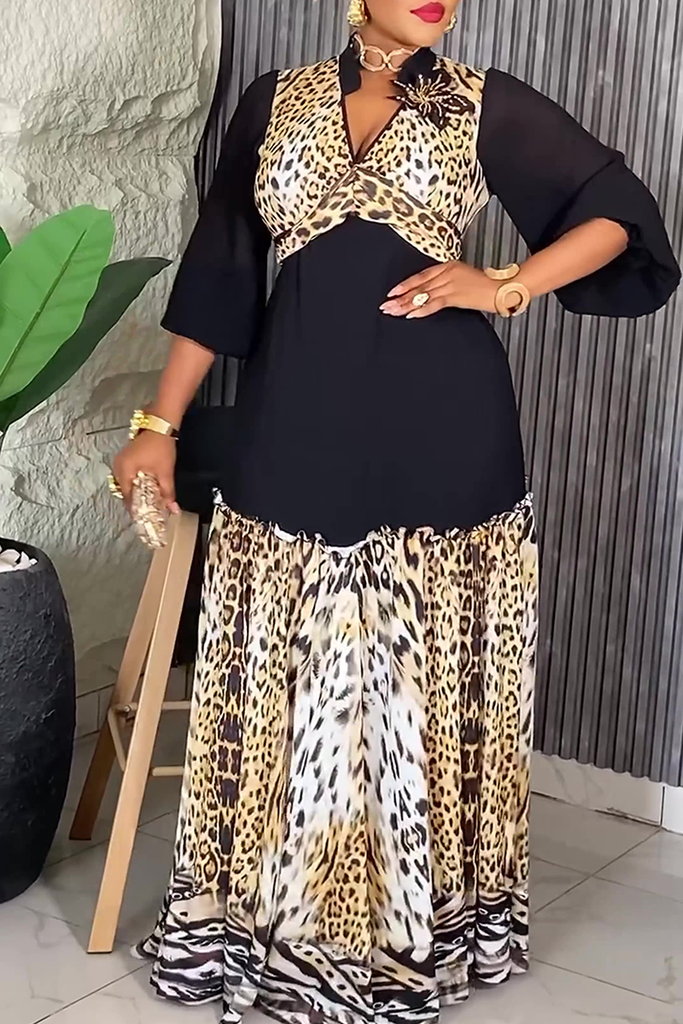 Casual Elegant Leopard Print Patchwork V Neck Long Plus Size Dresses