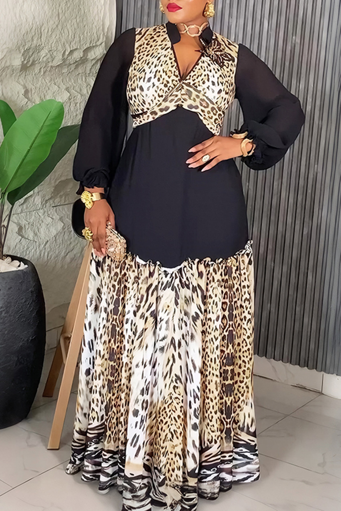 Casual Elegant Leopard Print Patchwork V Neck Long Plus Size Dresses