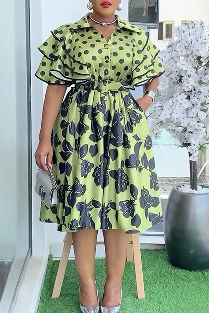 Casual Print Buckle With Belt Turndown Collar A Line Plus Size Dresses