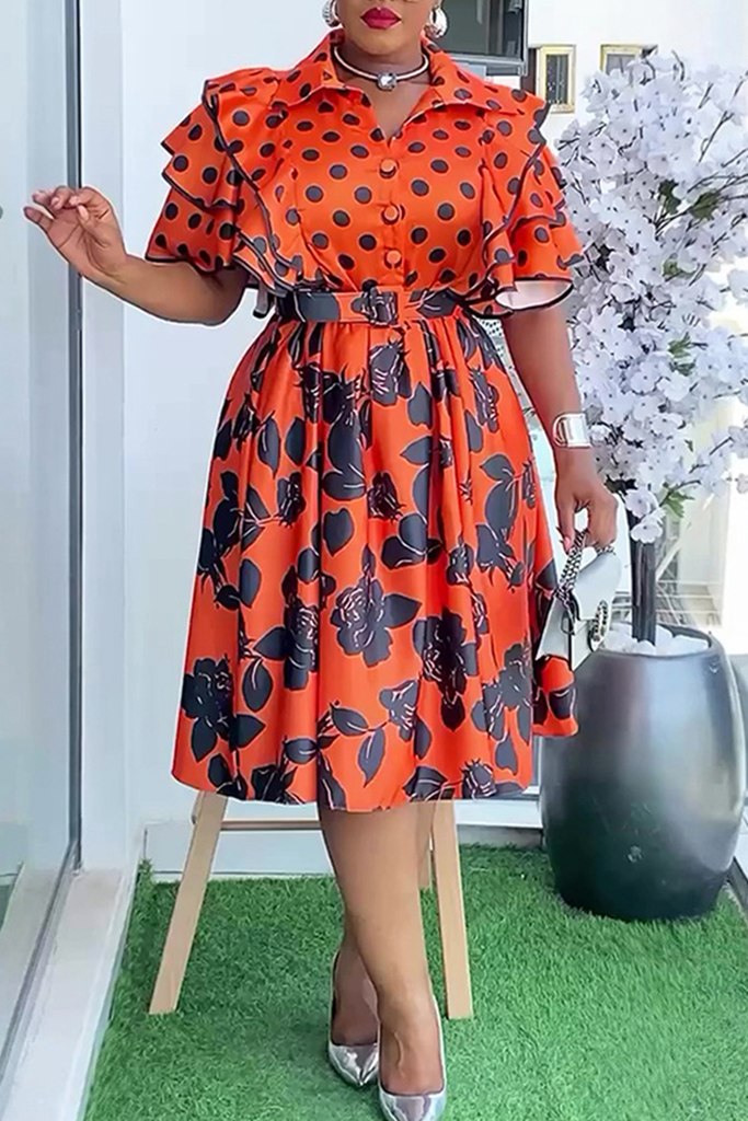 Casual Print Buckle With Belt Turndown Collar A Line Plus Size Dresses