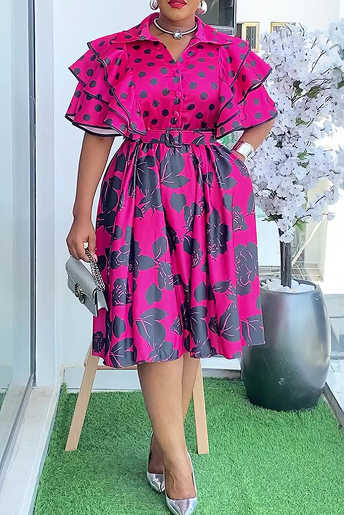 Casual Print Buckle With Belt Turndown Collar A Line Plus Size Dresses