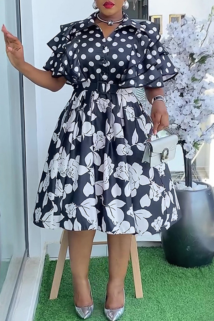 Casual Print Buckle With Belt Turndown Collar A Line Plus Size Dresses
