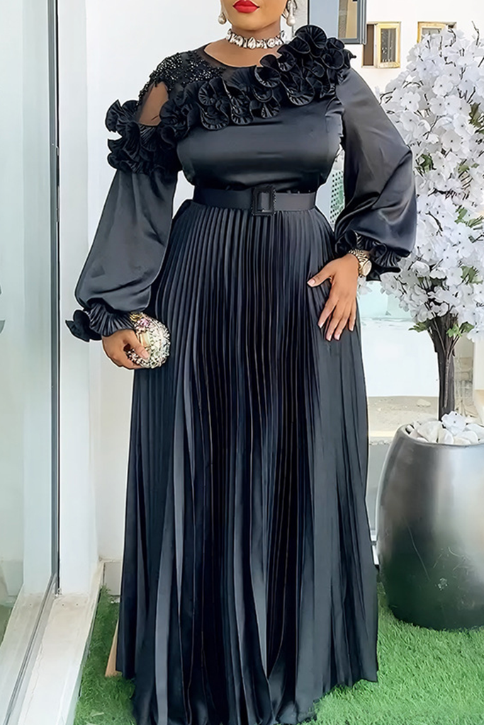 Elegant Solid Color With Belt Stringy Selvedge Pleated O Neck Long Plus Size Dresses