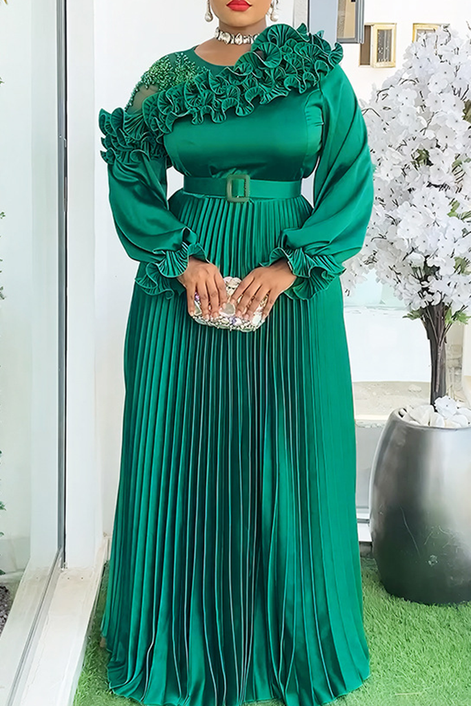 Elegant Solid Color With Belt Stringy Selvedge Pleated O Neck Long Plus Size Dresses
