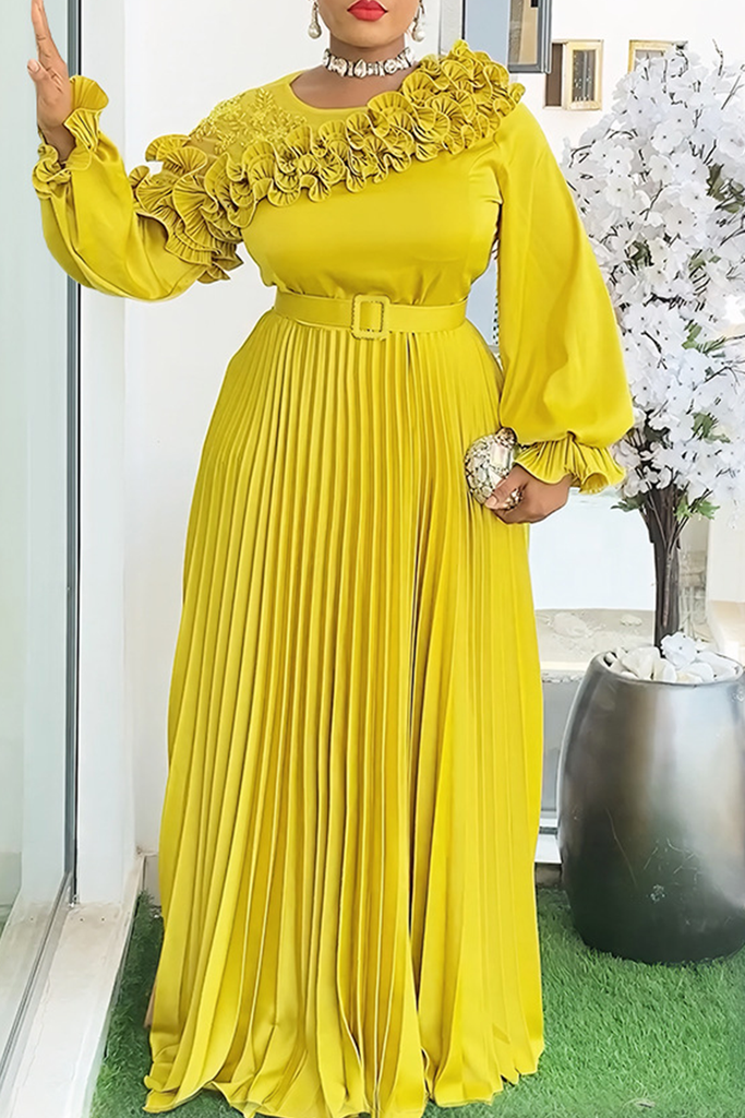 Elegant Solid Color With Belt Stringy Selvedge Pleated O Neck Long Plus Size Dresses