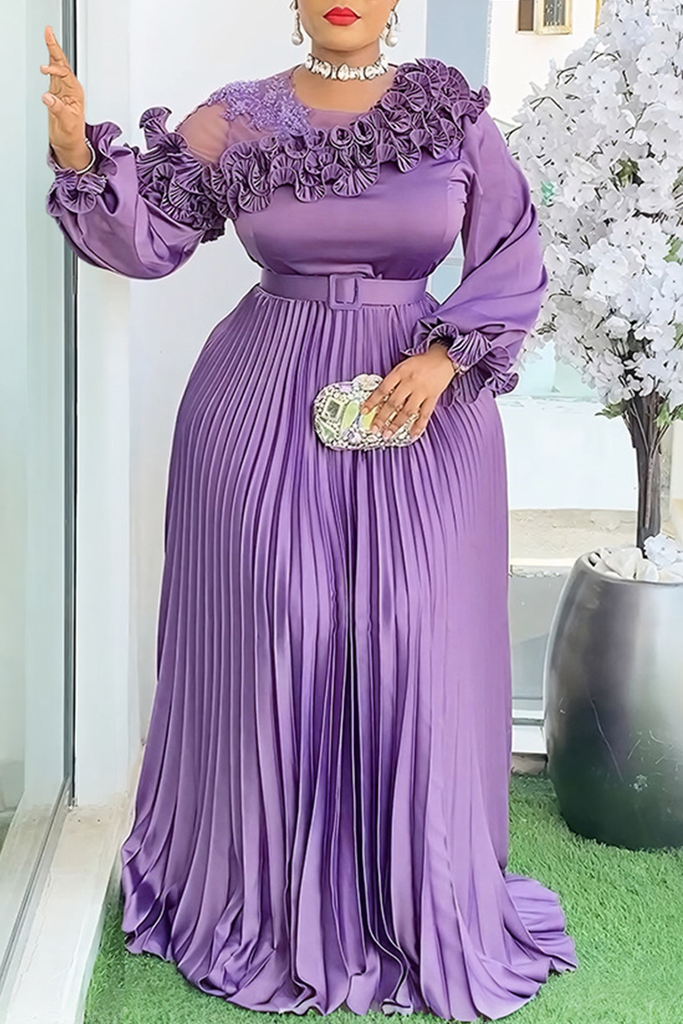 Elegant Solid Color With Belt Stringy Selvedge Pleated O Neck Long Plus Size Dresses