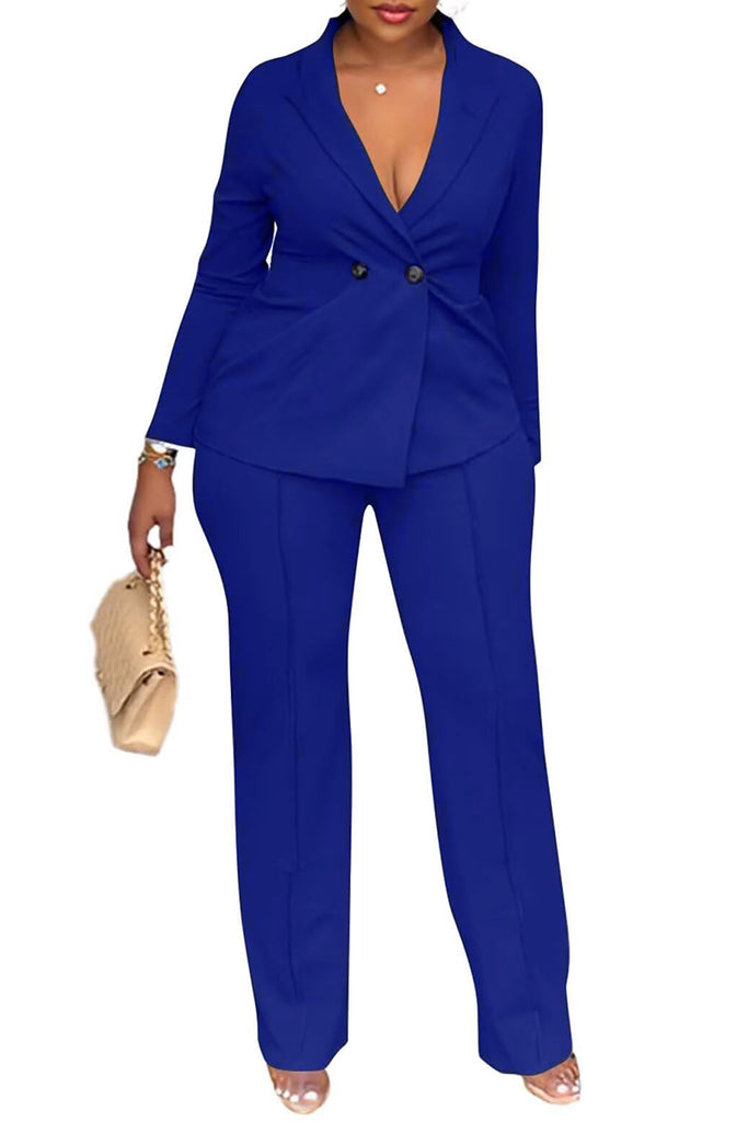 Casual Business Wear Daily Solid Color Buttons Turn-back Collar Long Sleeve Two Pieces