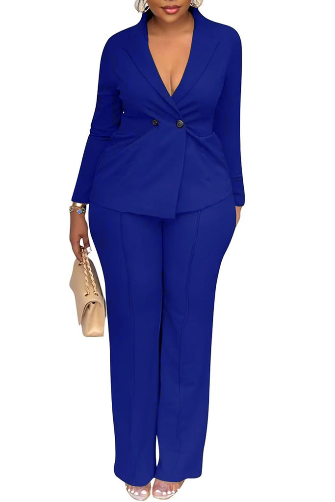 Casual Business Wear Daily Solid Color Buttons Turn-back Collar Long Sleeve Two Pieces