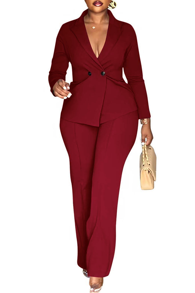 Casual Business Wear Daily Solid Color Buttons Turn-back Collar Long Sleeve Two Pieces