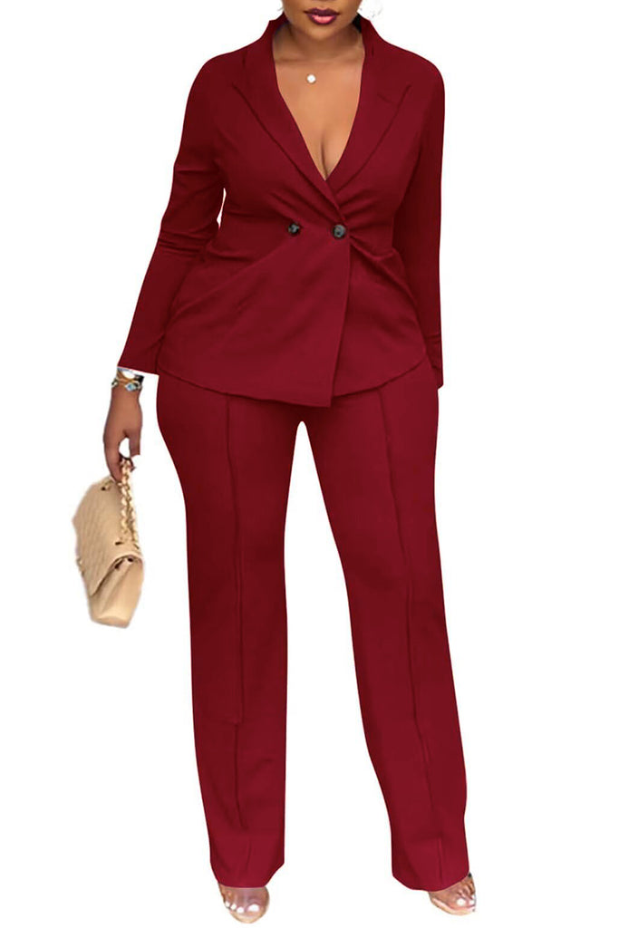 Casual Business Wear Daily Solid Color Buttons Turn-back Collar Long Sleeve Two Pieces
