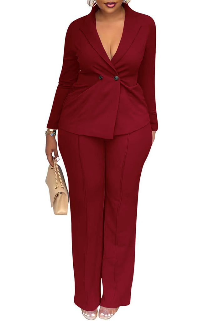 Casual Business Wear Daily Solid Color Buttons Turn-back Collar Long Sleeve Two Pieces