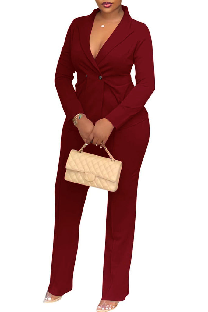 Casual Business Wear Daily Solid Color Buttons Turn-back Collar Long Sleeve Two Pieces