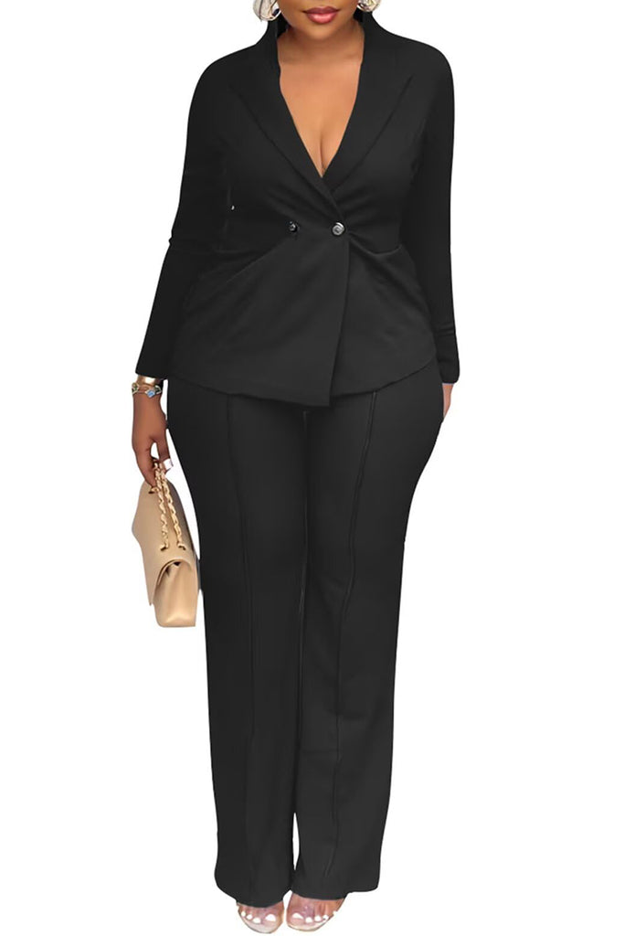 Casual Business Wear Daily Solid Color Buttons Turn-back Collar Long Sleeve Two Pieces