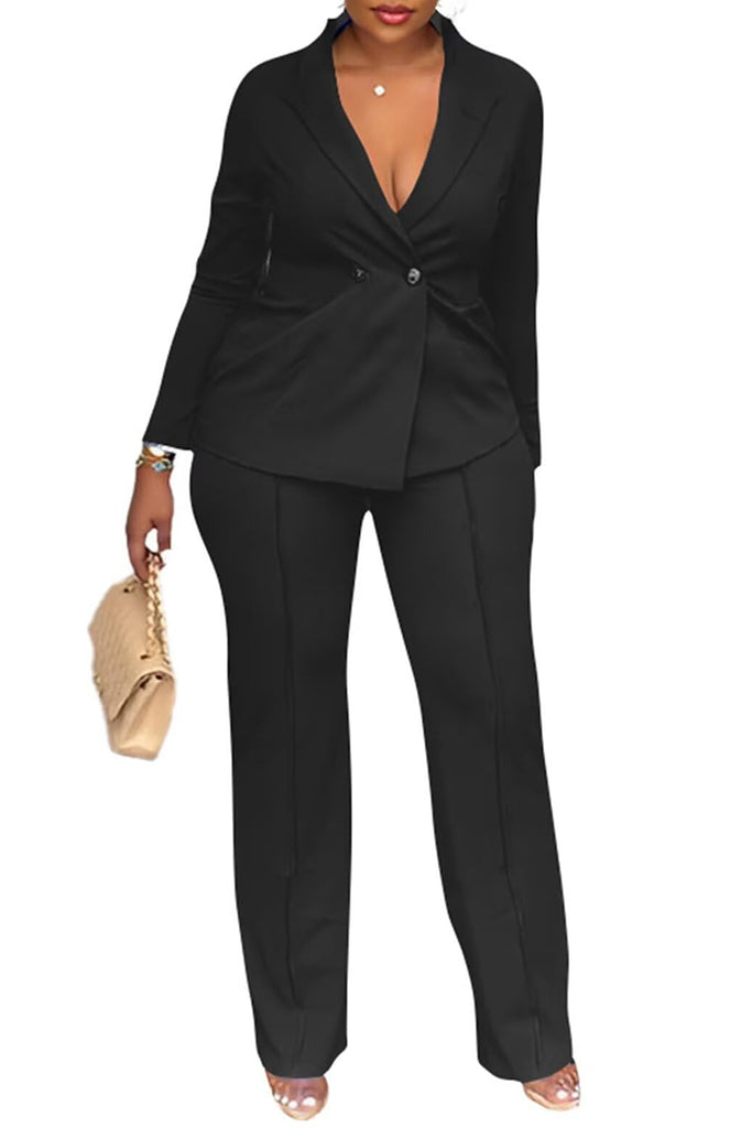 Casual Business Wear Daily Solid Color Buttons Turn-back Collar Long Sleeve Two Pieces