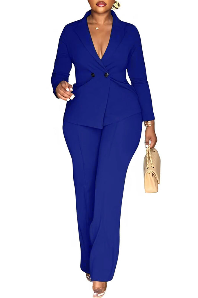 Casual Business Wear Daily Solid Color Buttons Turn-back Collar Long Sleeve Two Pieces
