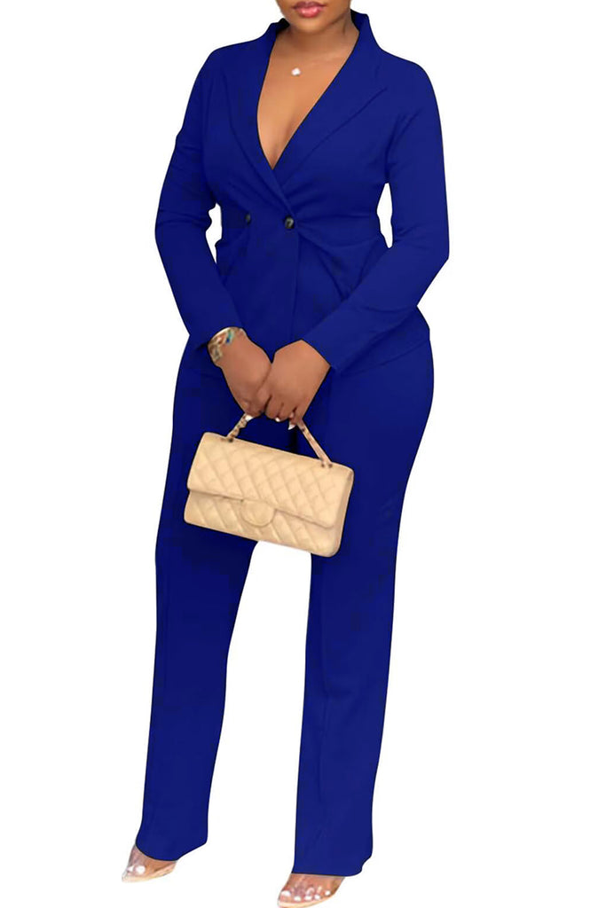 Casual Business Wear Daily Solid Color Buttons Turn-back Collar Long Sleeve Two Pieces