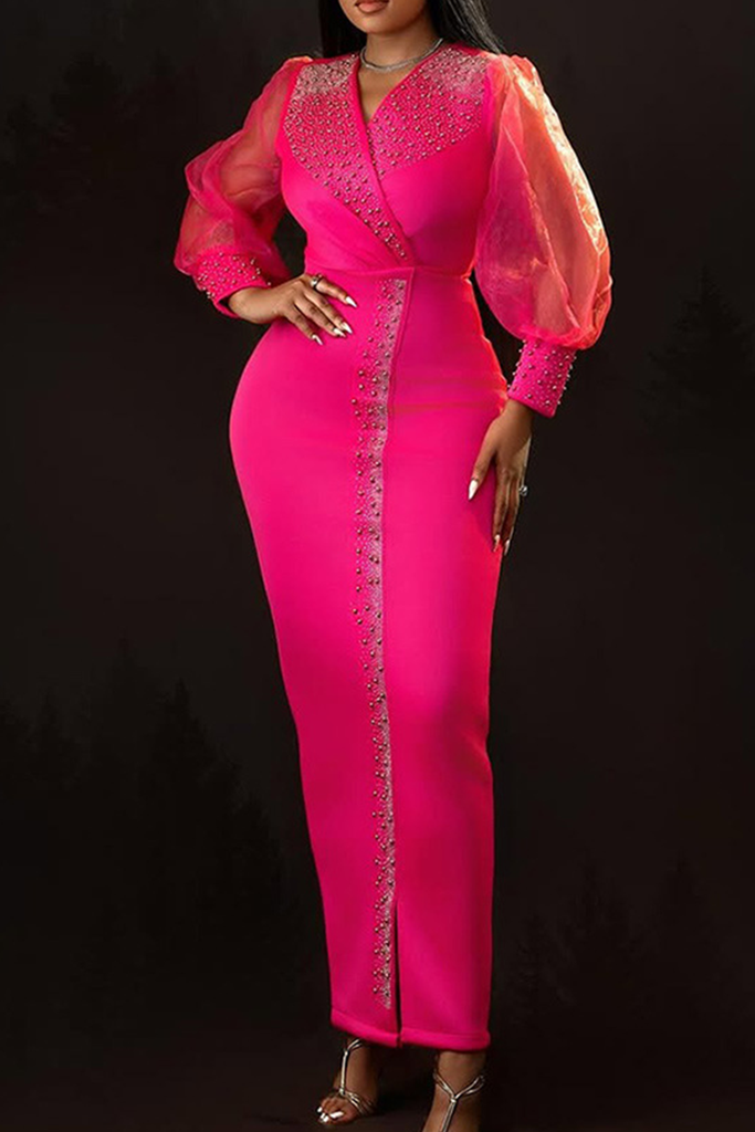 Elegant Solid Color Hot Drill V Neck Long Dresses