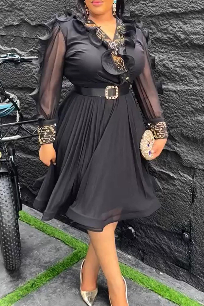 Elegant Solid Color With Belt Stringy Selvedge V Neck Long Plus Size Dresses
