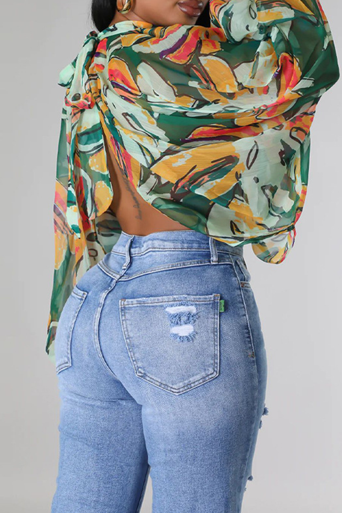 Sexy Print Slit O Neck Tops